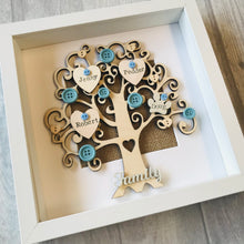 Load image into Gallery viewer, wooden family tree with names on hearts and coloured buttons in a frame