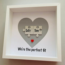 Load image into Gallery viewer, box framed personalised gift with 2 jigsaw pieces with names on we're the perfect fit underneath