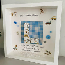 Load image into Gallery viewer, Decoupaged initial in frame with gingham blue background, personalised christening gift