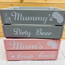 Load image into Gallery viewer, personalised wooden crate to fill with pamper treats with your choice of text