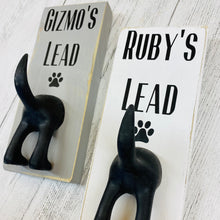 Load image into Gallery viewer, personalised wooden dog lead plaque with black dog tail hook
