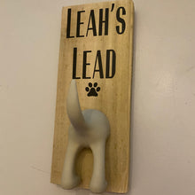 Load image into Gallery viewer, personalised wooden dog lead plaque with black dog tail hook