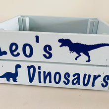 Load image into Gallery viewer, wooden hand painted dinosaur toy storage crate with child's name