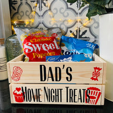Load image into Gallery viewer, Personalised wooden film night treat crate with popcorn sweet and ticket images