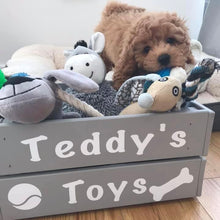 Load image into Gallery viewer, painted wooden crate personalised for pet toys