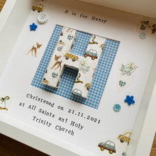Load image into Gallery viewer, Decoupaged initial in frame with gingham blue background, personalised christening gift