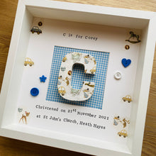 Load image into Gallery viewer, Decoupaged initial in frame with gingham blue background, personalised christening gift