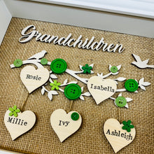 Load image into Gallery viewer, framed family tree gift with the word grandchildren and names on hearts