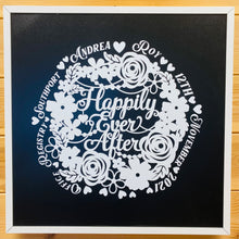 Load image into Gallery viewer, personalised wedding gift picture with floral design white on black background