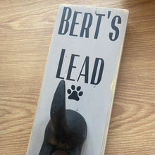 Load image into Gallery viewer, personalised wooden dog lead plaque with black dog tail hook