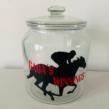 Load image into Gallery viewer, glass jar with horse image personalised racing fund jar