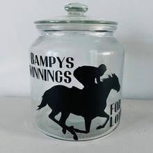 Load image into Gallery viewer, glass jar with horse image personalised racing fund jar