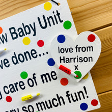Load image into Gallery viewer, white thank you plaque for child's nursery with bright coloured spots