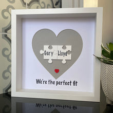 Load image into Gallery viewer, box framed personalised gift with 2 jigsaw pieces with names on we're the perfect fit underneath