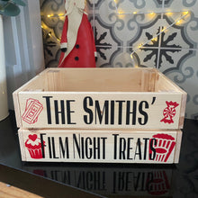 Load image into Gallery viewer, Personalised wooden film night treat crate with popcorn sweet and ticket images