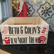 Load image into Gallery viewer, Personalised wooden film night treat crate with popcorn sweet and ticket images