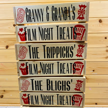 Load image into Gallery viewer, Personalised wooden film night treat crate with popcorn sweet and ticket images