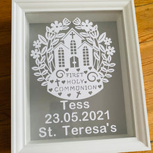 Load image into Gallery viewer, personalised first holy communion framed gift with choice of background colour