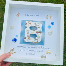 Load image into Gallery viewer, Decoupaged initial in frame with gingham blue background, personalised christening gift