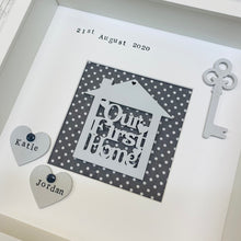 Load image into Gallery viewer, personalised our first home framed gift with names on hearts