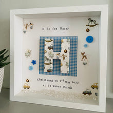 Load image into Gallery viewer, Decoupaged initial in frame with gingham blue background, personalised christening gift