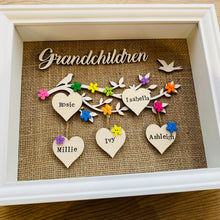 Load image into Gallery viewer, framed family tree gift with the word grandchildren and names on hearts