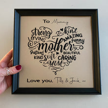 Load image into Gallery viewer, personalised mum word art heart in black square frame
