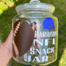 Load image into Gallery viewer, personalised NFL snack jar with american football image and helmet and your name