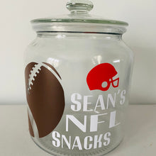 Load image into Gallery viewer, personalised NFL snack jar with american football image and helmet and your name