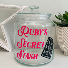 Load image into Gallery viewer, personalised glass treat jar with your choice of text and sweet or chocolate image