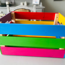Load image into Gallery viewer, hand painted in rainbow colours large wooden craft crate personalised
