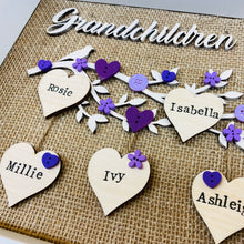 Load image into Gallery viewer, framed family tree gift with the word grandchildren and names on hearts