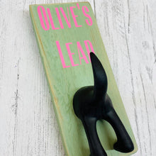 Load image into Gallery viewer, personalised wooden dog lead plaque with black dog tail hook