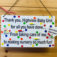 Load image into Gallery viewer, white thank you plaque for child's nursery with bright coloured spots