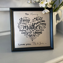 Load image into Gallery viewer, personalised mum word art heart in black square frame