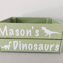 Load image into Gallery viewer, wooden hand painted dinosaur toy storage crate with child's name