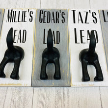 Load image into Gallery viewer, personalised wooden dog lead plaque with black dog tail hook