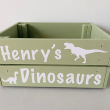 Load image into Gallery viewer, wooden hand painted dinosaur toy storage crate with child's name