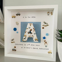 Load image into Gallery viewer, Decoupaged initial in frame with gingham blue background, personalised christening gift