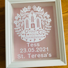 Load image into Gallery viewer, personalised first holy communion framed gift with choice of background colour