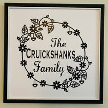 Load image into Gallery viewer, black framed personalised family name in wreath picture