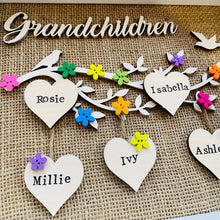 Load image into Gallery viewer, framed family tree gift with the word grandchildren and names on hearts