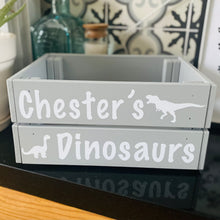Load image into Gallery viewer, wooden hand painted dinosaur toy storage crate with child's name