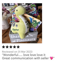 Load image into Gallery viewer, wooden hand painted dinosaur toy storage crate with child's name