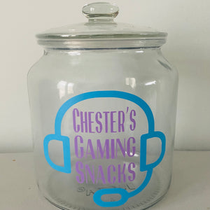 personalised gaming snack jar with lid, headphone image with name's gaming snacks on the front