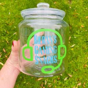 personalised gaming snack jar with lid, headphone image with name's gaming snacks on the front