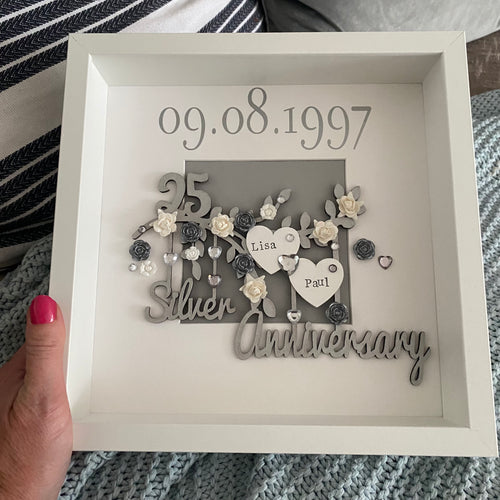 personalised silver wedding frame with couples names on a silver branch and year of their wedding day