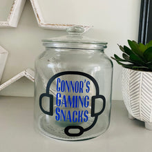 Load image into Gallery viewer, personalised gaming snack jar with lid, headphone image with name&#39;s gaming snacks on the front
