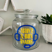 Load image into Gallery viewer, personalised gaming snack jar with lid, headphone image with name&#39;s gaming snacks on the front
