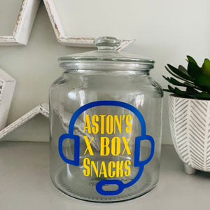 personalised gaming snack jar with lid, headphone image with name's gaming snacks on the front